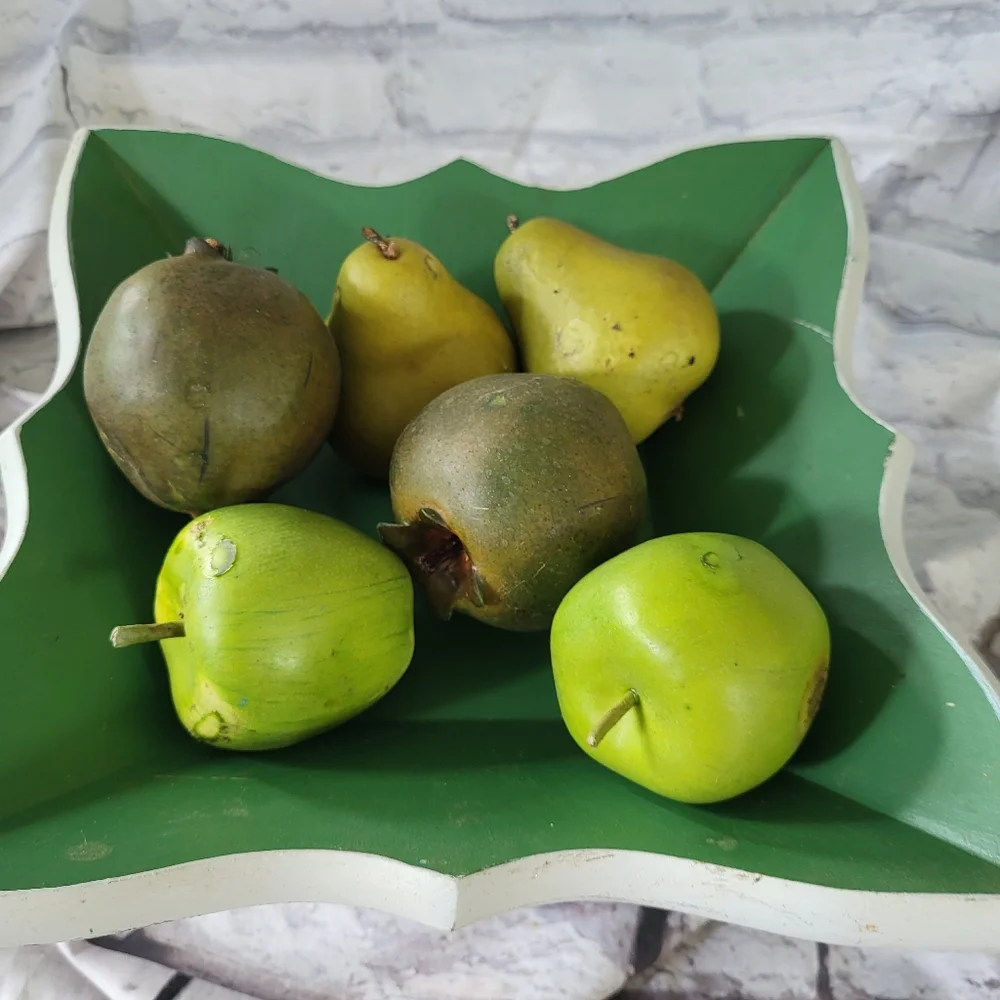 Green and White Decorative Wooden Square Bowl. Vintage.  Fruit included